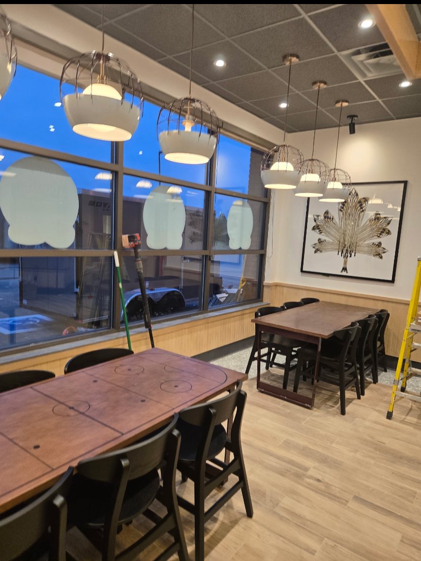Tim Hortons window side seating with clean glass
